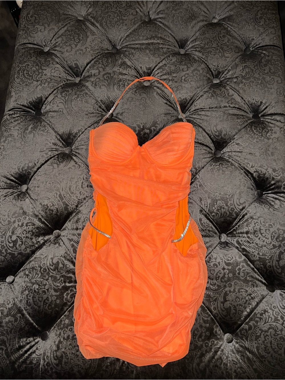 Oh Polly Neon Orange Strapless Mini Dress with Rhinestone Accents